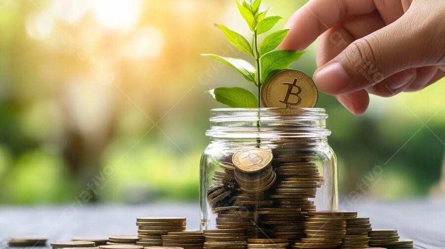 Foto Mão Plantando Moeda Bitcoin em Pote de Dinheiro Crescimento