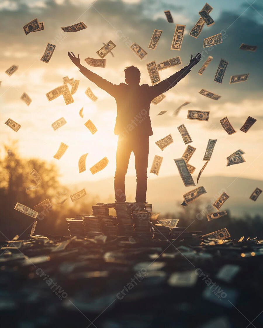 Foto Homem Celebrando Dinheiro Chuva de Dólares Pôr do Sol