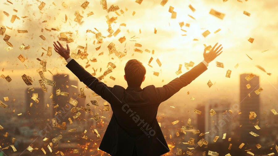 Foto Pessoa Celebrando Sucesso Dinheiro Caindo Céu Dourado