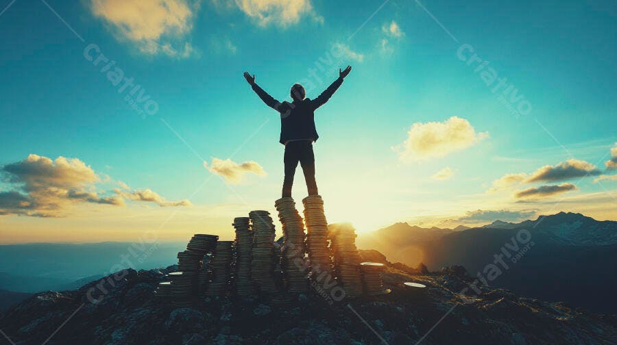 Foto Homem Celebrando Sucesso Topo da Montanha Pôr do Sol