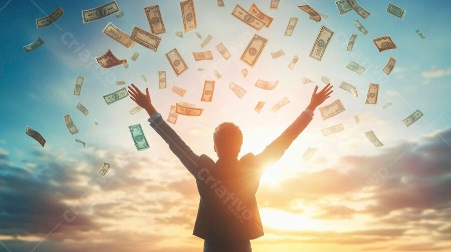 Foto Homem Celebrando Chuva de Dinheiro Céu Azul Pôr do Sol