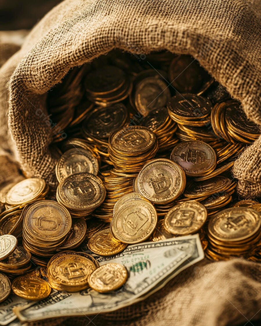Foto Saco de Moedas de Ouro e Dólares Dinheiro Investimento