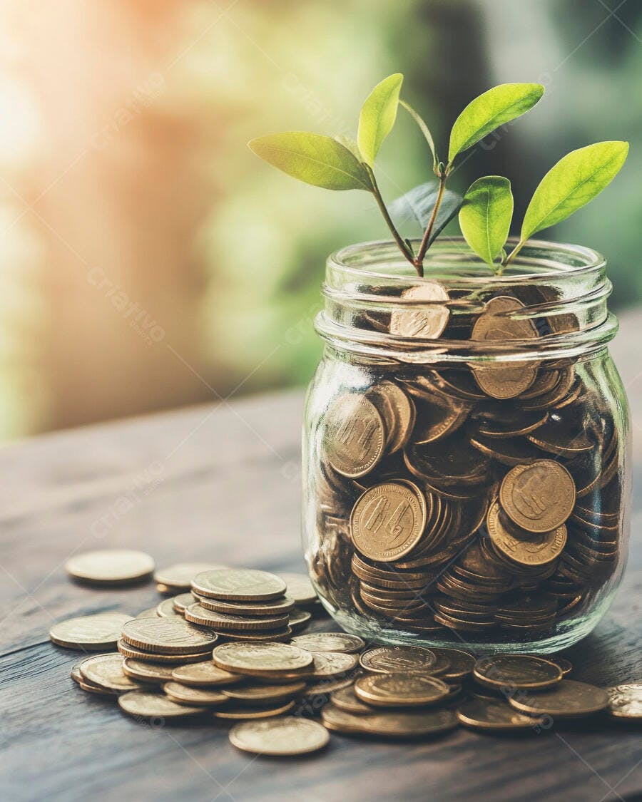 Moedas douradas em pote de vidro com planta brotando sobre mesa de madeira