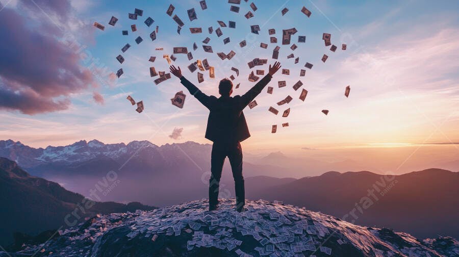 Foto Homem Celebrando Dinheiro Caindo Montanha Pôr do Sol