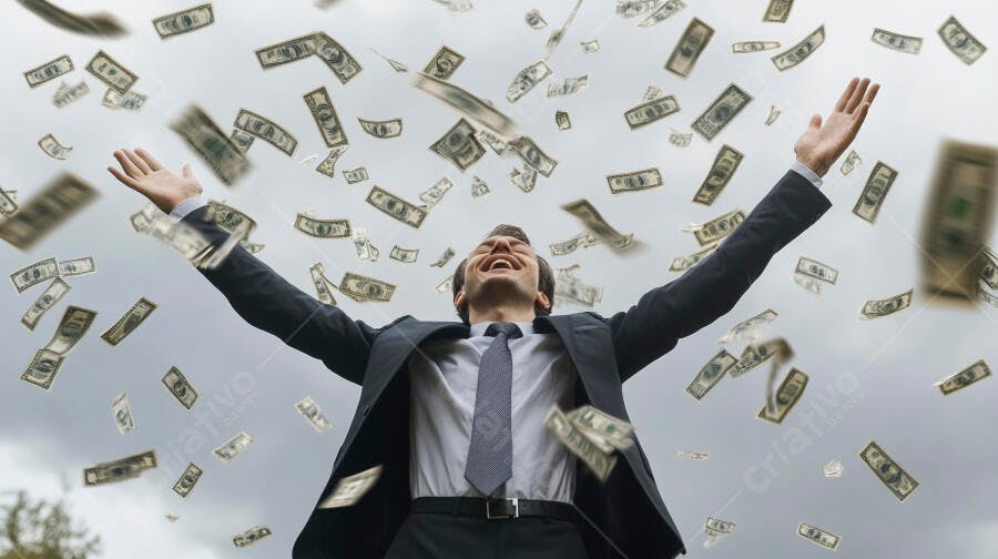 Foto Homem de Negócios Celebrando Chuva de Dinheiro Sucesso