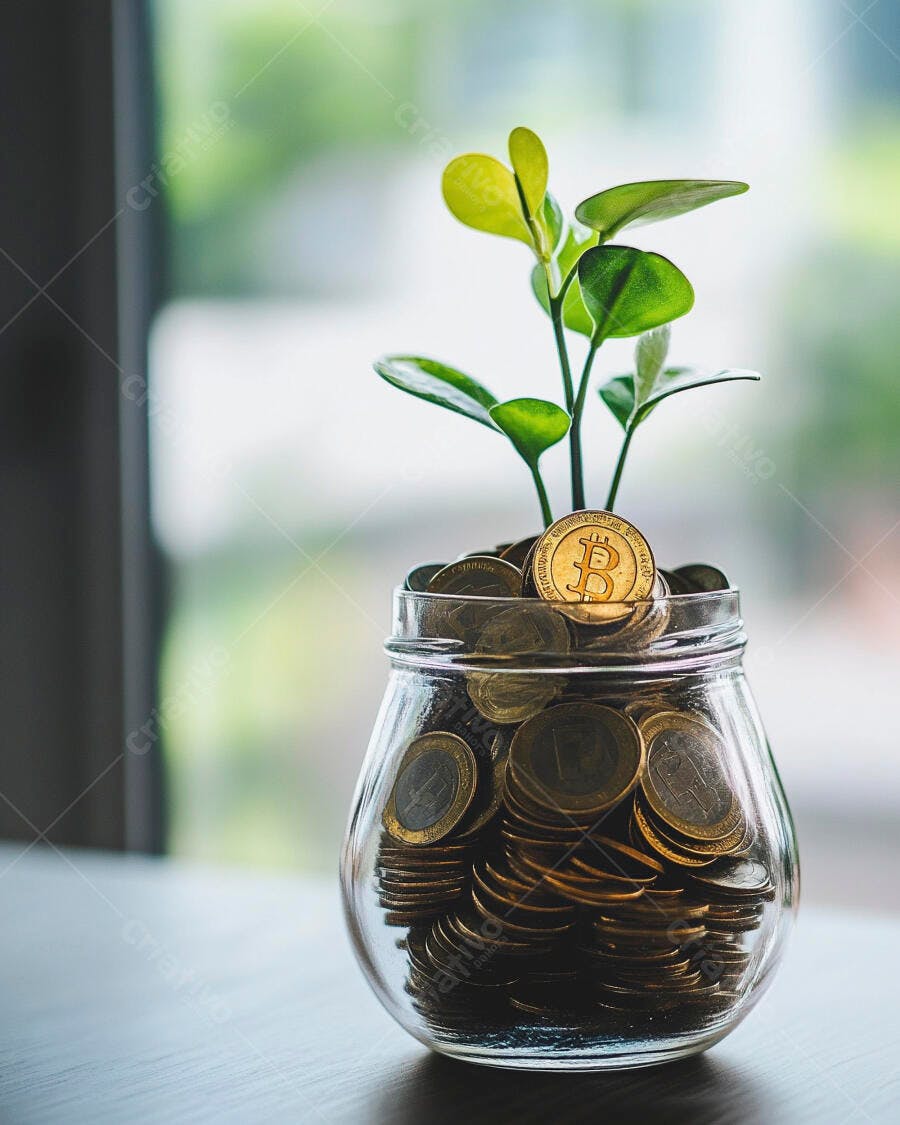 Foto Planta Crescendo Moedas Bitcoin Jarro Investimento