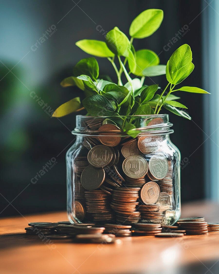 Foto Pote de Moedas com Planta Crescendo Investimento Financeiro