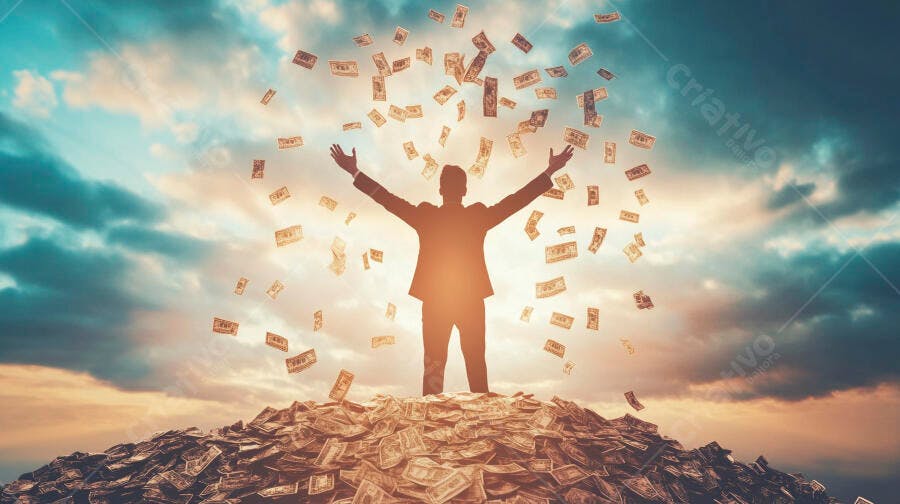 Foto Homem Silhueta Celebrando Chuva de Dinheiro Sucesso Financeiro