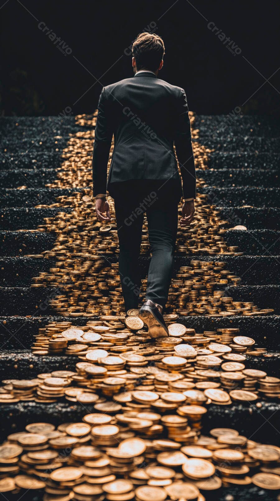 Foto Homem de Terno Subindo Escada de Moedas de Ouro