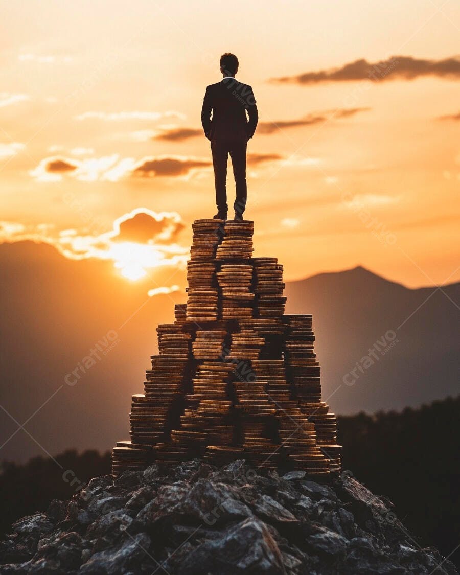 Foto Homem de Negócios no Topo de Moedas Pôr do Sol