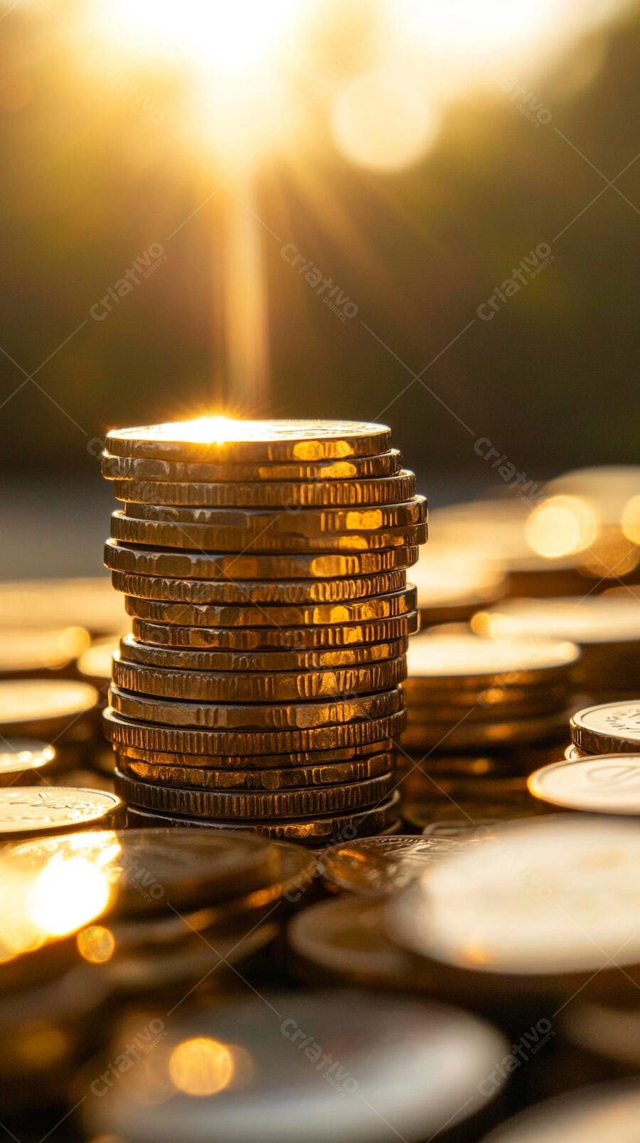 Foto Moedas Empilhadas Brilhando Luz Dourada ao Pôr do Sol