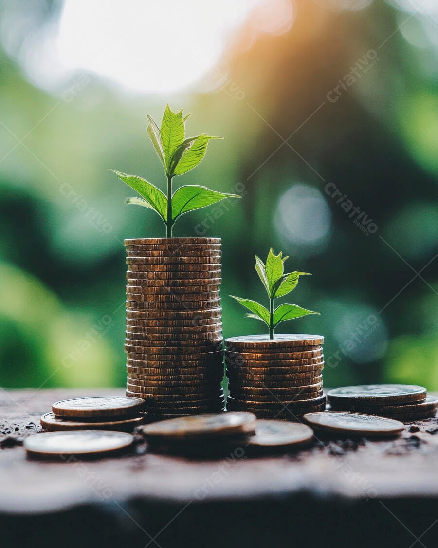 Foto Plantas Crescendo em Pilhas de Moedas Fundo Verde Bokeh