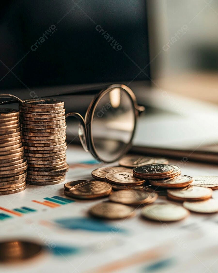 Foto Moedas e Gráficos Financeiros com Óculos na Mesa