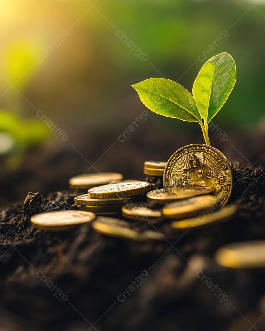 Foto Bitcoin Crescendo Moedas Terra Fundo Verde