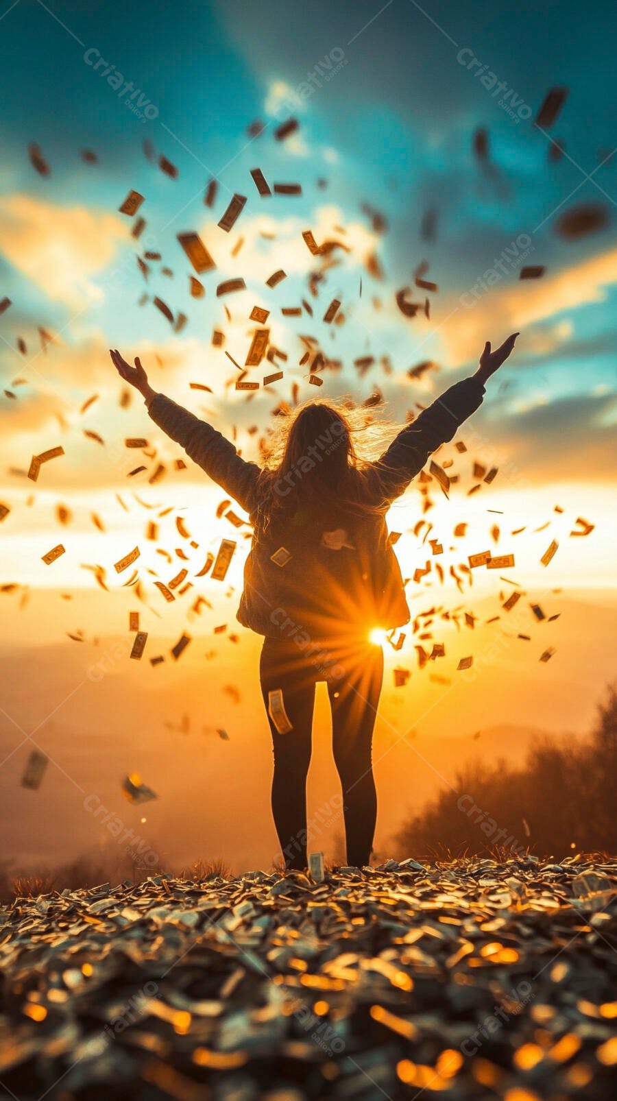 Foto Mulher Celebrando Dinheiro Caindo Céu Dourado Pôr do Sol