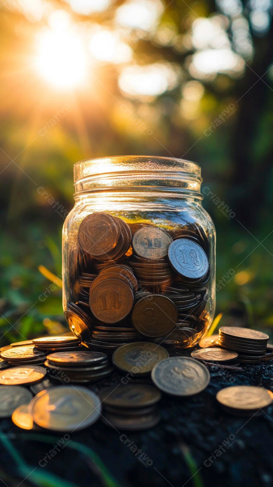 Foto Pote de Moedas Economia Investimento ao Pôr do Sol