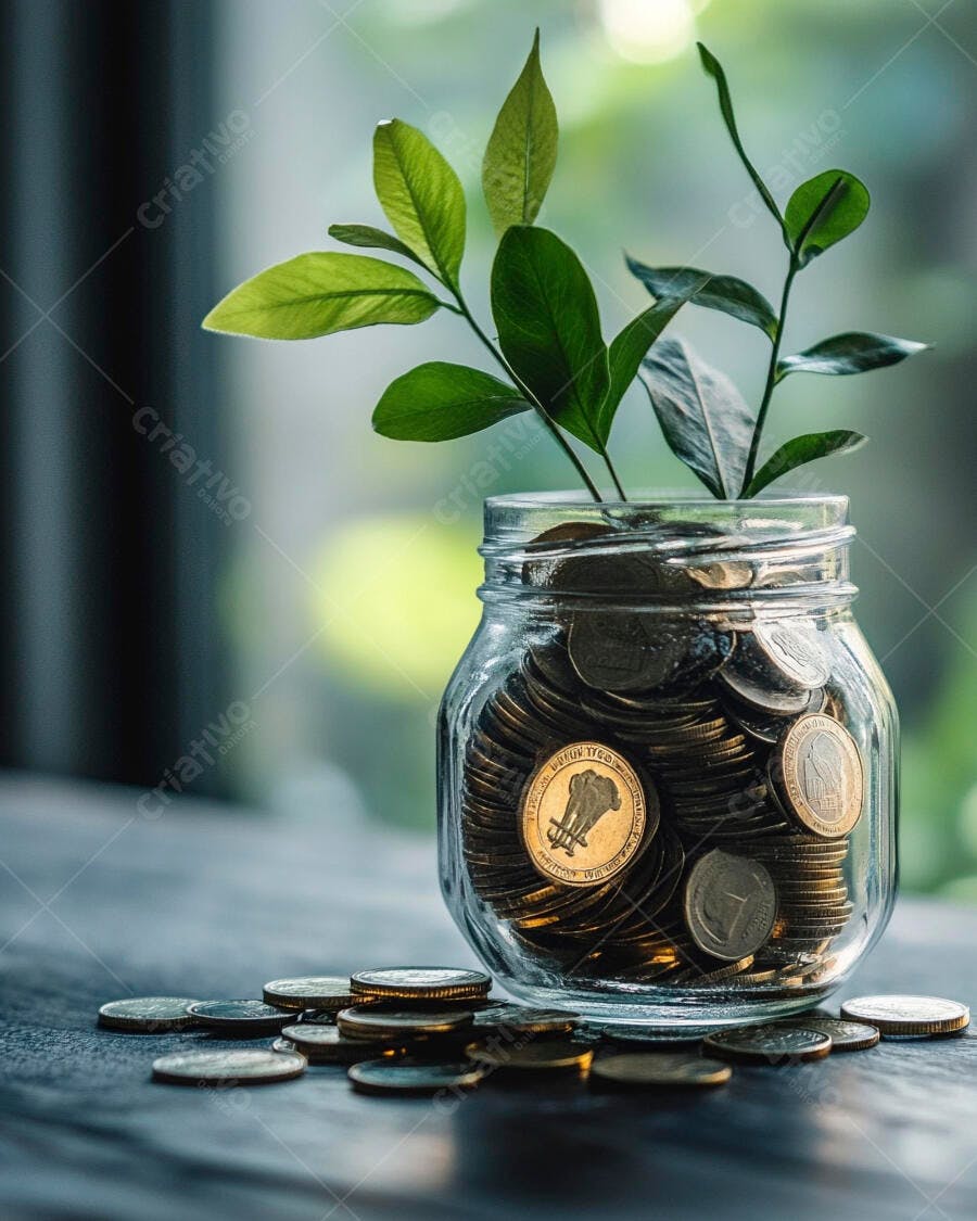 Foto Moedas e Planta Crescendo Pote de Vidro Investimento