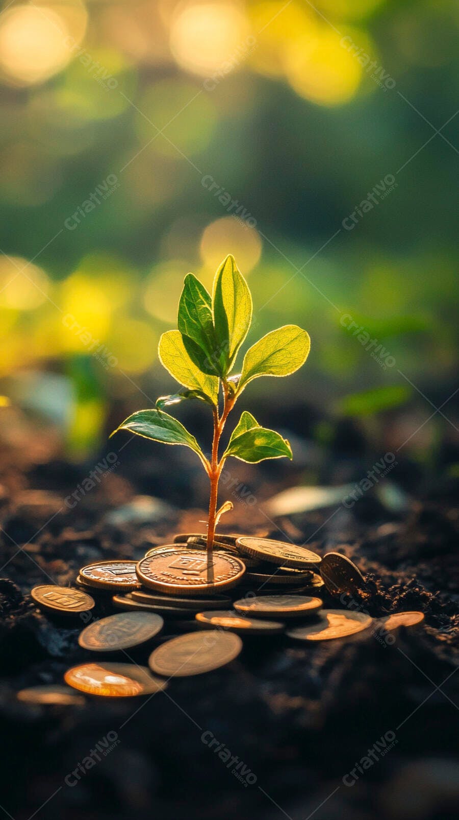 Foto Planta Crescendo Moedas Terra Iluminação Dourada