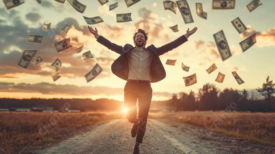 Foto Homem Celebrando Chuva de Dinheiro Pôr do Sol Campo