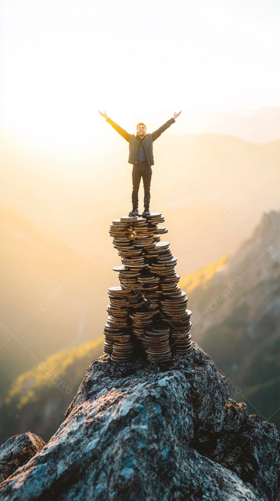 Foto Homem Celebrando Sucesso Financeiro no Topo da Montanha