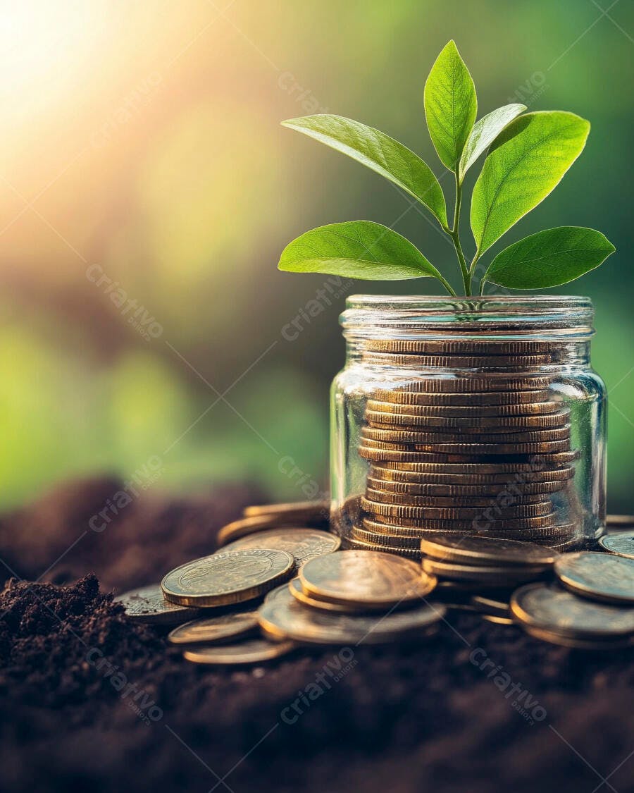 Foto Planta Crescendo Pote Moedas Terra Fundo Verde