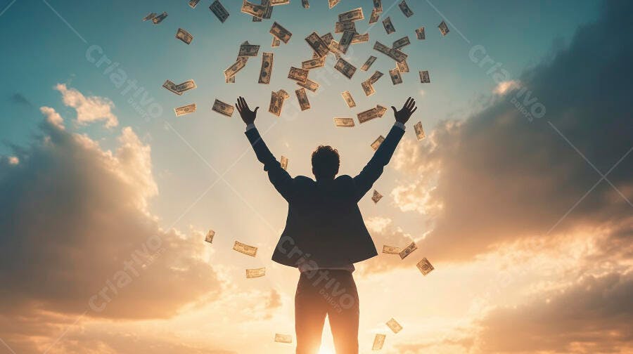 Foto Pessoa Celebrando Sucesso Dinheiro Caindo Céu Azul Dourado