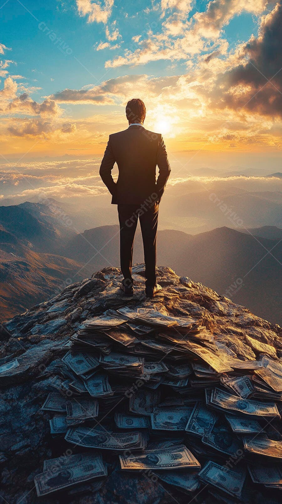 Foto Homem de Negócios no Topo da Montanha com Dinheiro Pôr do Sol