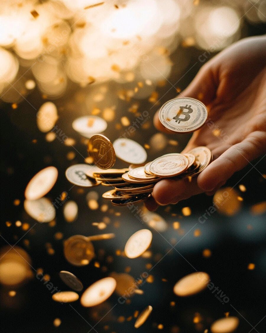 Foto Moedas Bitcoin Caindo Mão Fundo Escuro Dourado