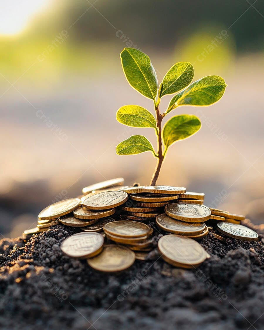 Foto Planta Crescendo Moedas Terra Iluminação Dourada