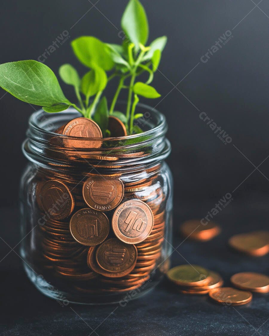 Foto Moedas e Planta Crescendo Pote de Vidro Fundo Escuro