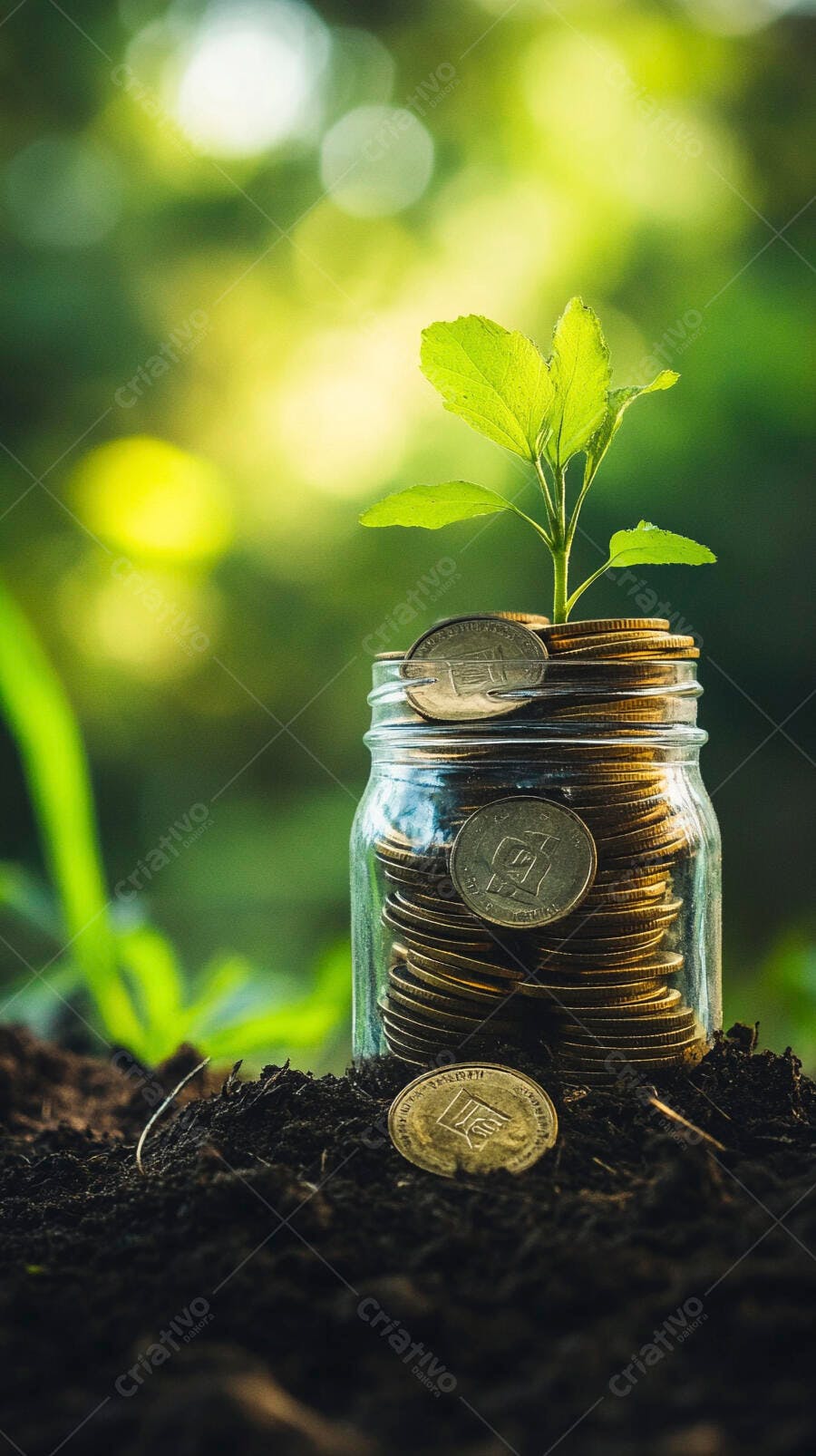 Foto Pote Moedas Planta Crescendo Terra Fundo Verde