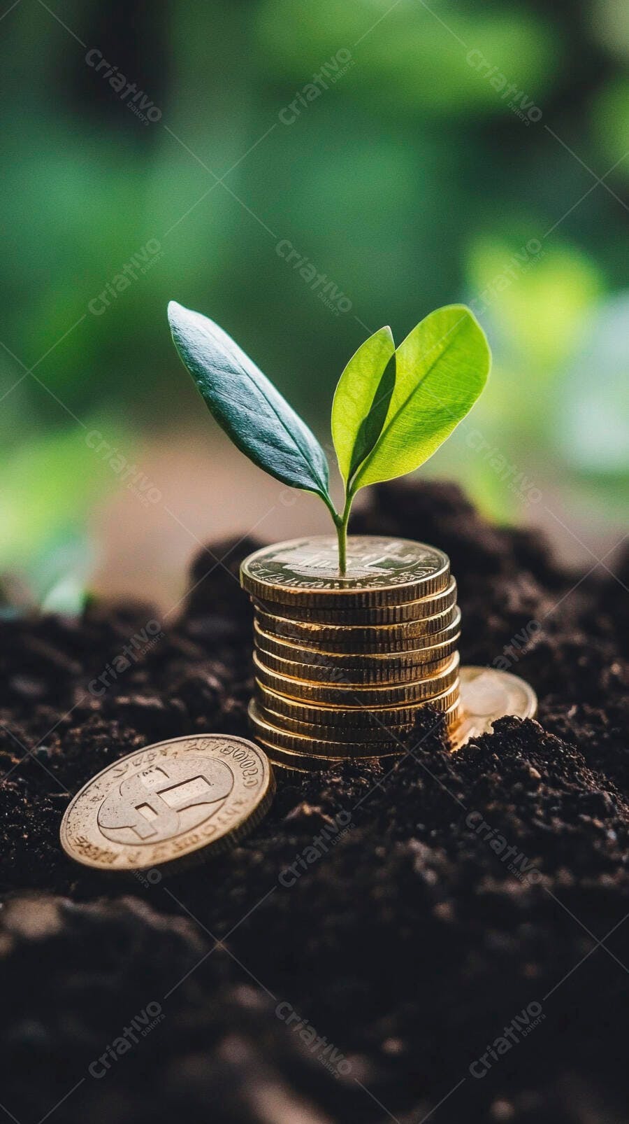 Foto Broto Crescendo Moedas Terra Fundo Verde