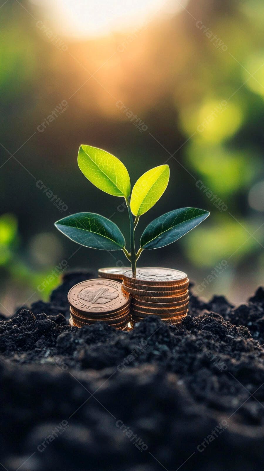 Foto Planta Crescendo Moedas Terra Fértil Fundo Borrado