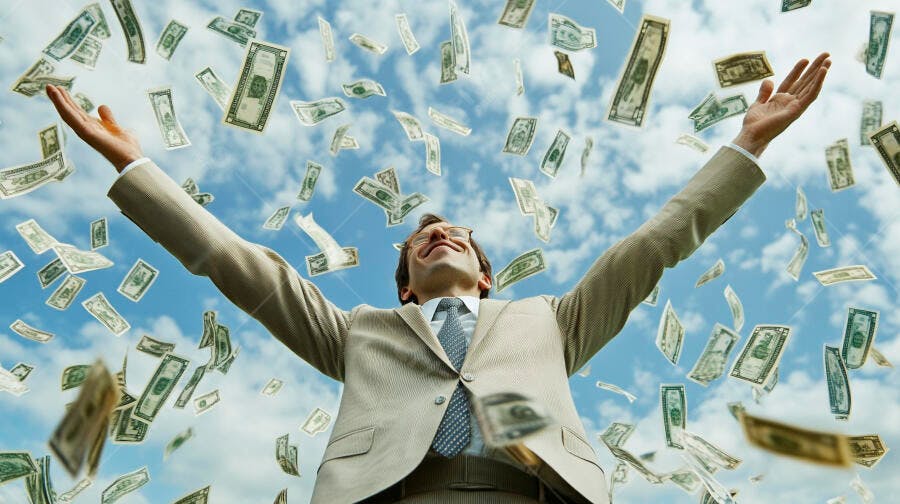 Foto Homem Celebrando Dinheiro Caindo Céu Azul Sucesso Financeiro