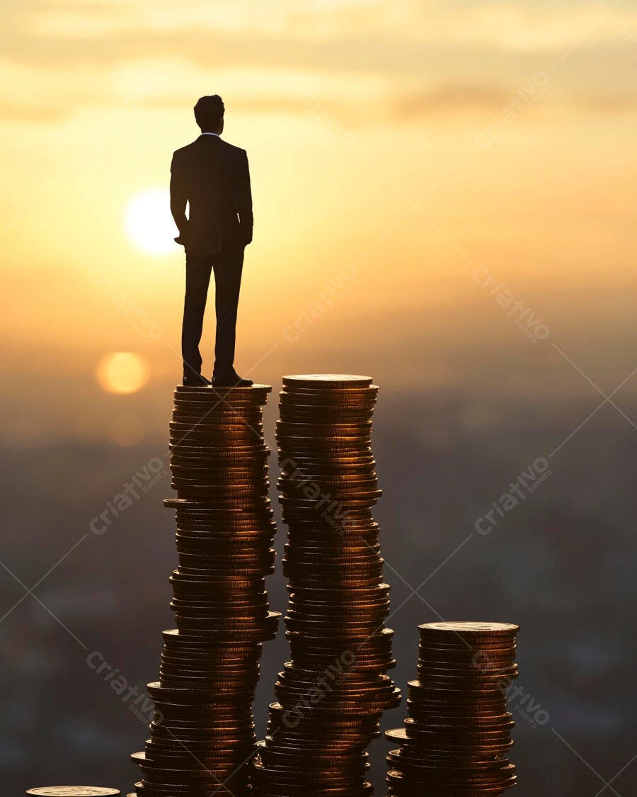 Foto Homem Silhueta Topo Pilha de Moedas Sucesso Financeiro