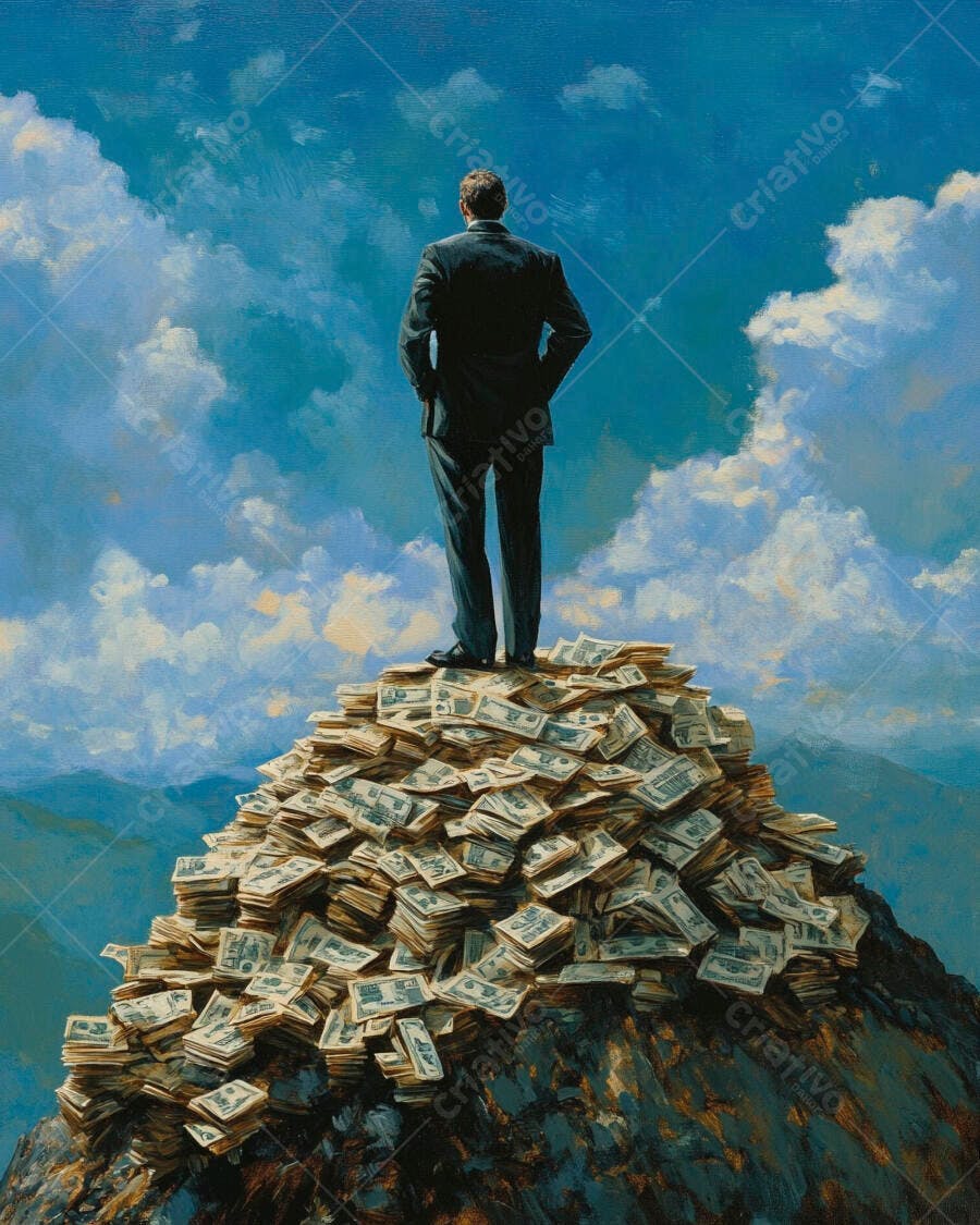 Homem de Negócios no Topo Montanha de Dinheiro Sucesso