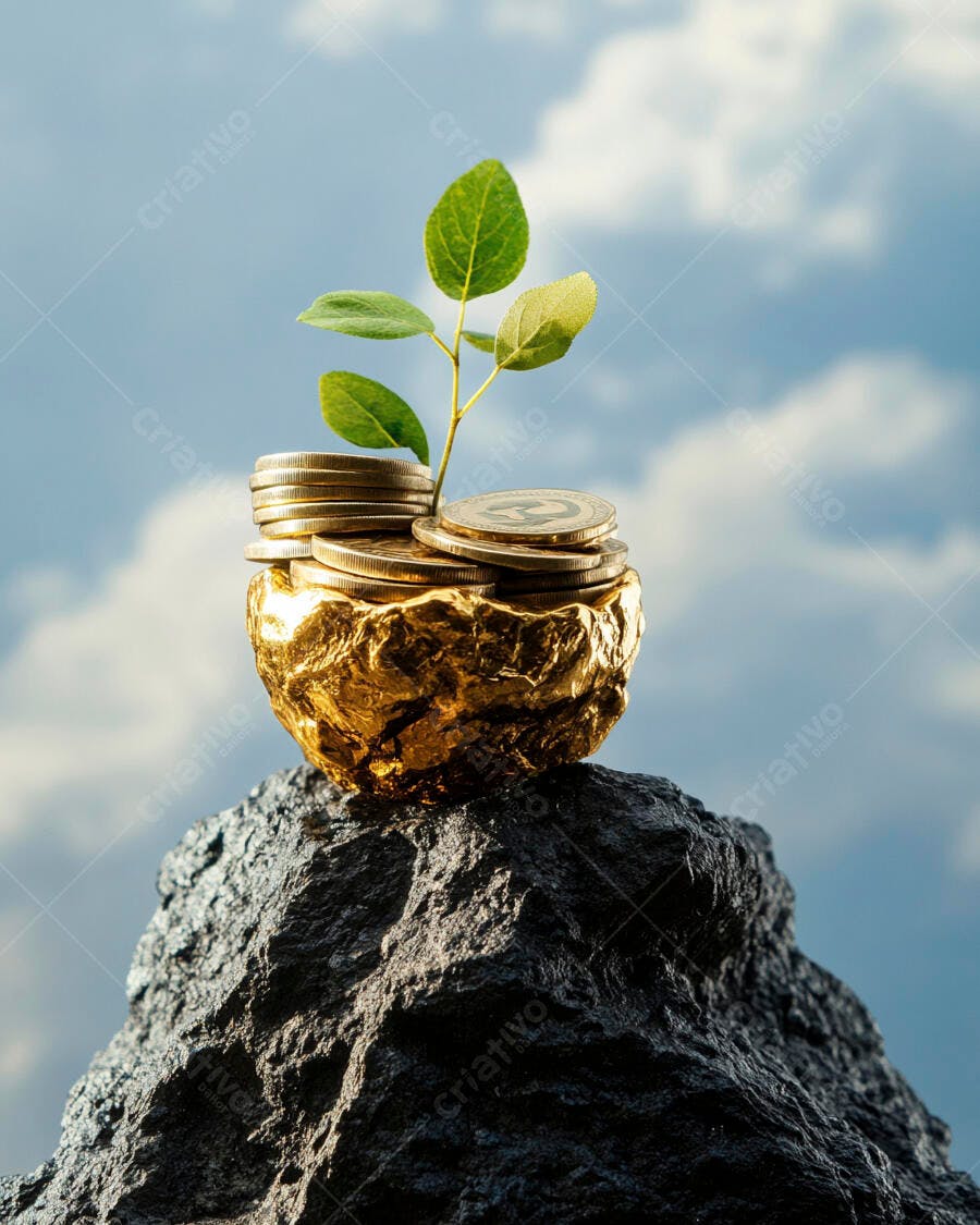 Foto Planta Crescendo Moedas Ouro Rocha Céu Azul