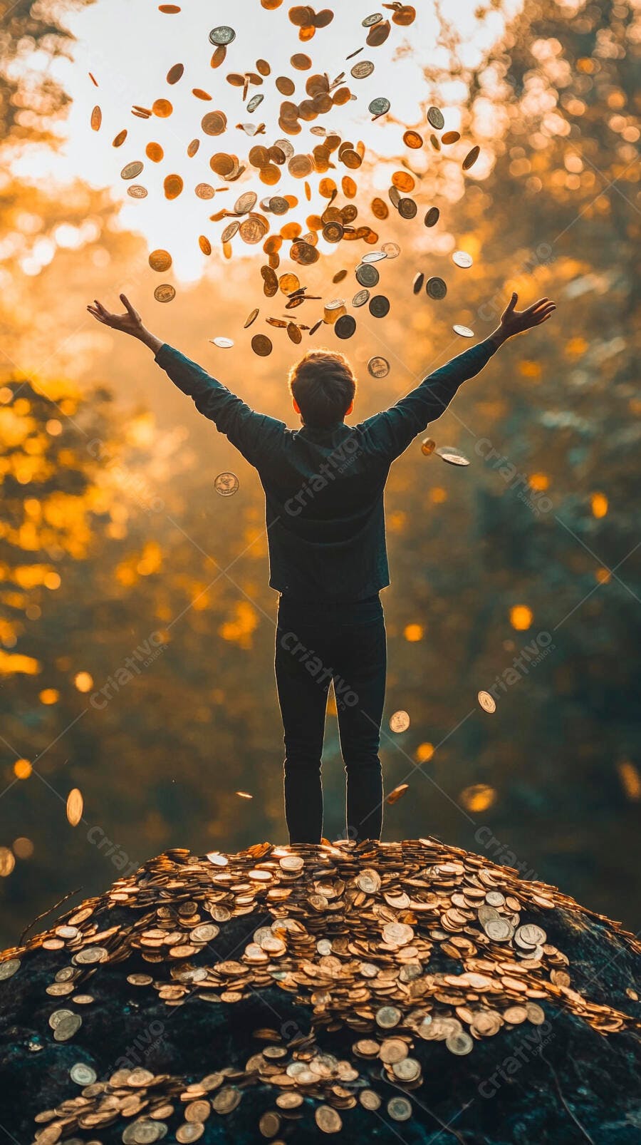 Foto Homem Celebrando Chuva de Moedas Riqueza Abundância