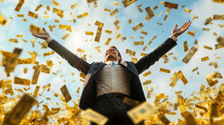 Foto Homem Celebrando Chuva de Dinheiro Sucesso Financeiro