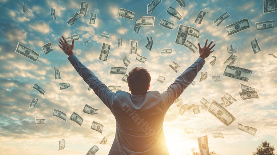 Foto Homem Celebrando Dinheiro Caindo Céu Azul Dólares