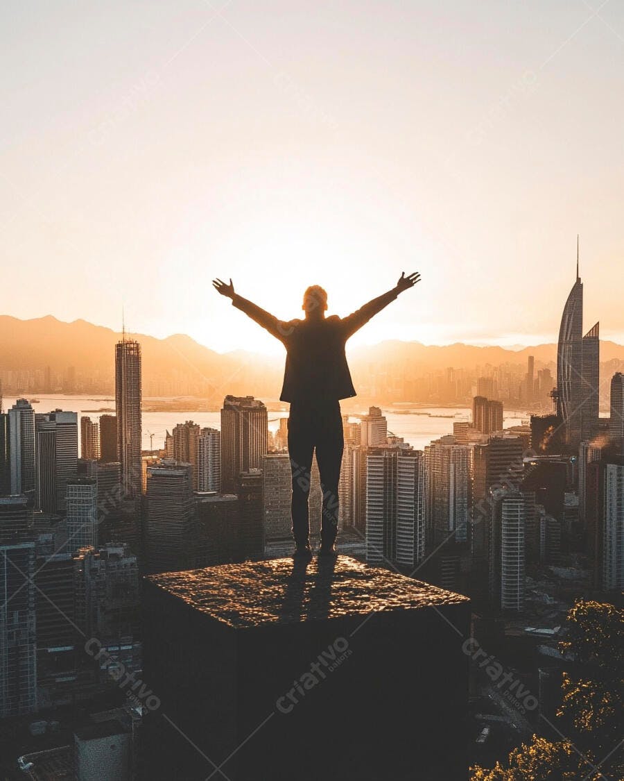 Foto Homem Celebrando Sucesso no Topo Prédio Cidade Pôr do Sol