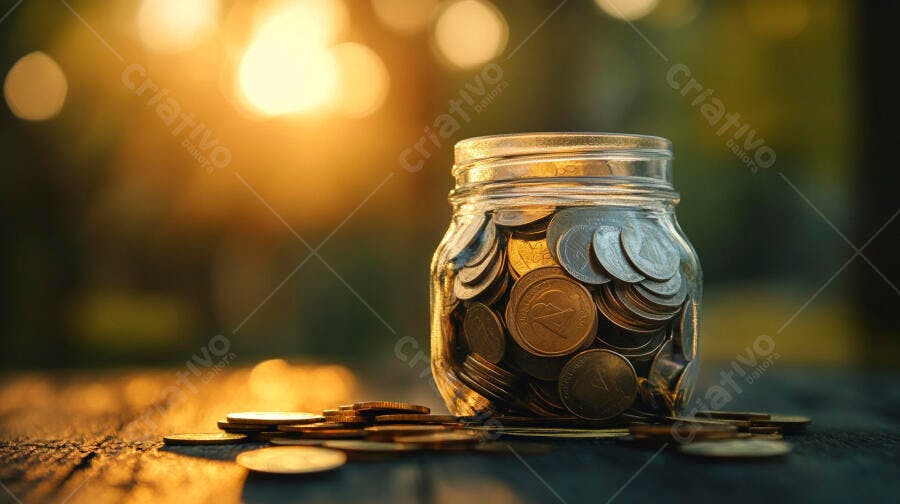 Foto Pote de Moedas Economia Investimento Financeiro Luz Dourada