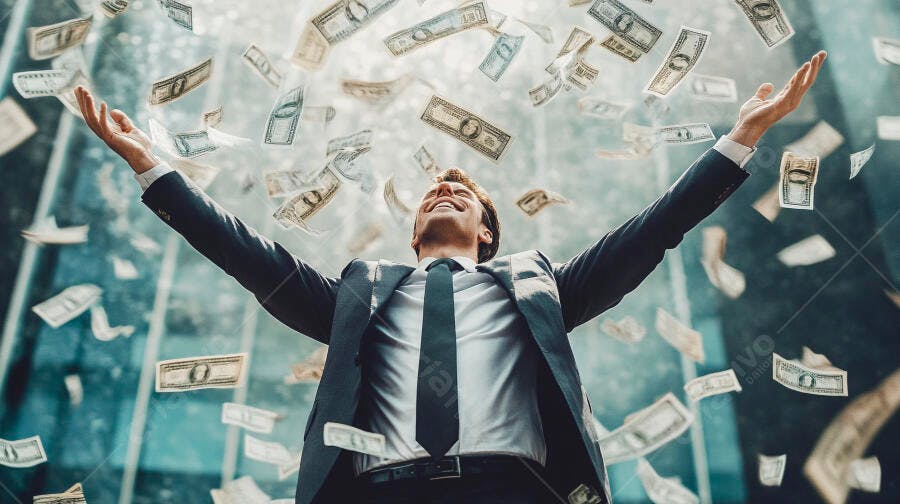 Foto Homem de Negócios Celebrando Chuva de Dinheiro Sucesso Financeiro