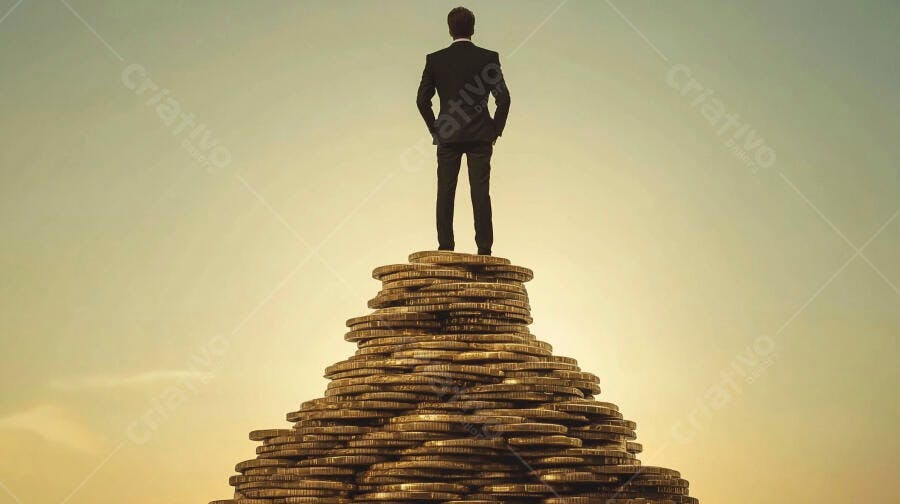 Foto Homem Negócios Terno Topo Pilha Moedas Sucesso Financeiro