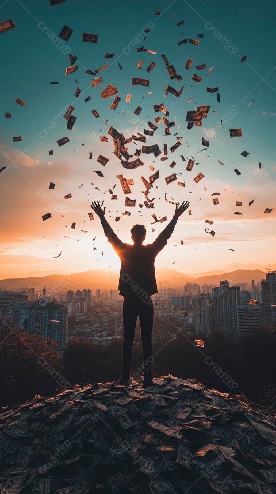 Foto Silhueta Homem Dinheiro Caindo Céu Pôr do Sol Cidade