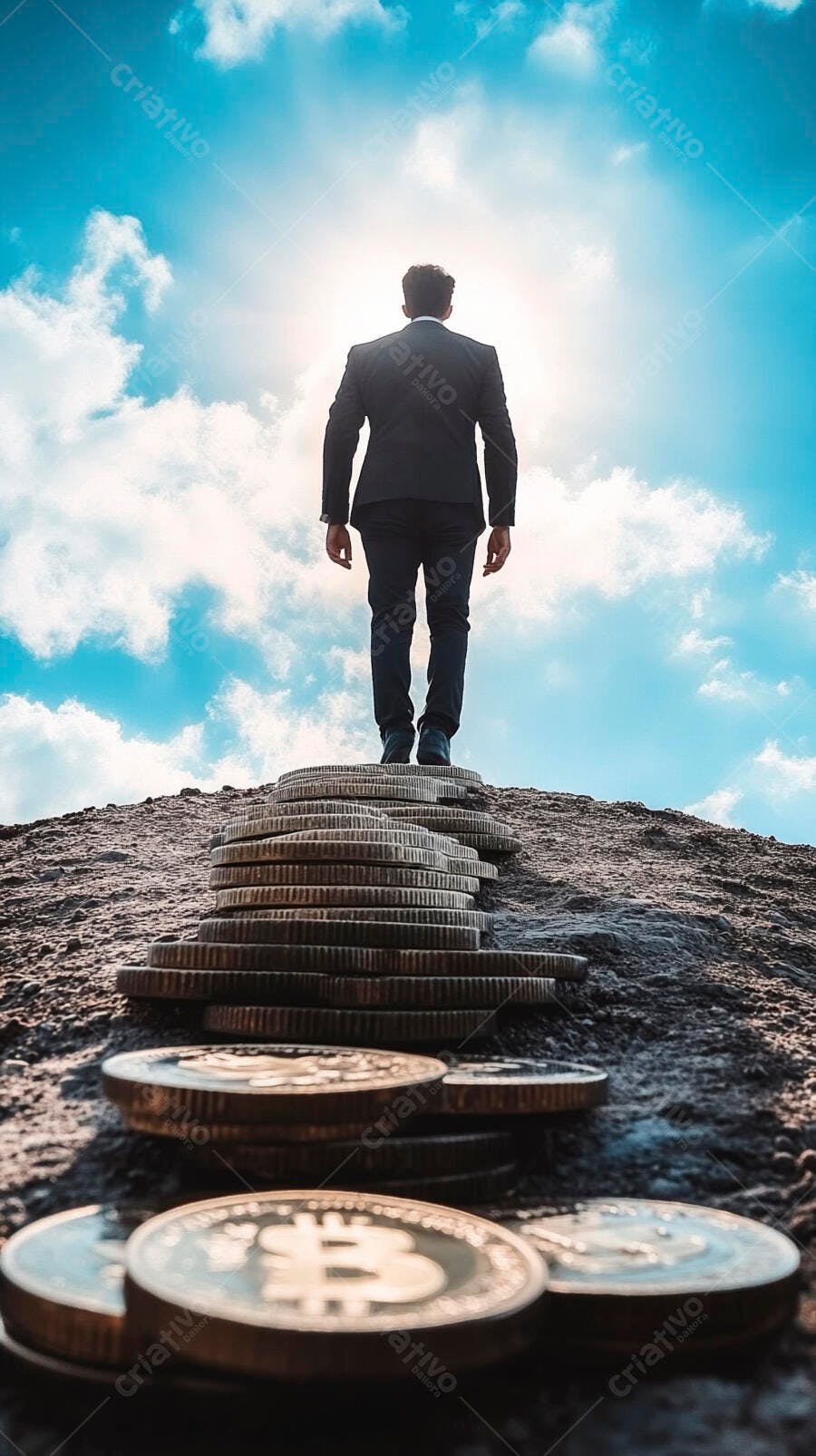 Foto Homem de Terno Subindo Escada de Bitcoins Sucesso Financeiro
