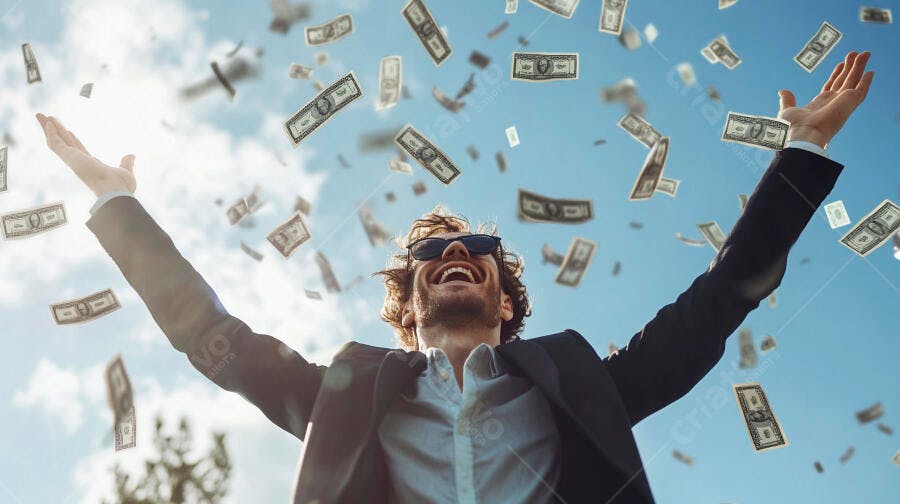 Foto Homem Celebrando Chuva de Dinheiro Sucesso Financeiro