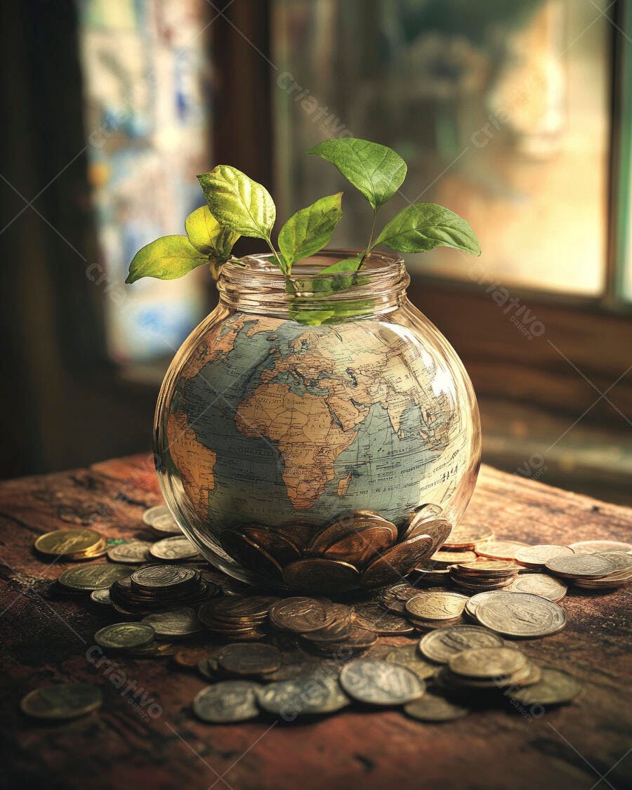 Foto Globo Terrestre com Plantas e Moedas Crescimento Financeiro