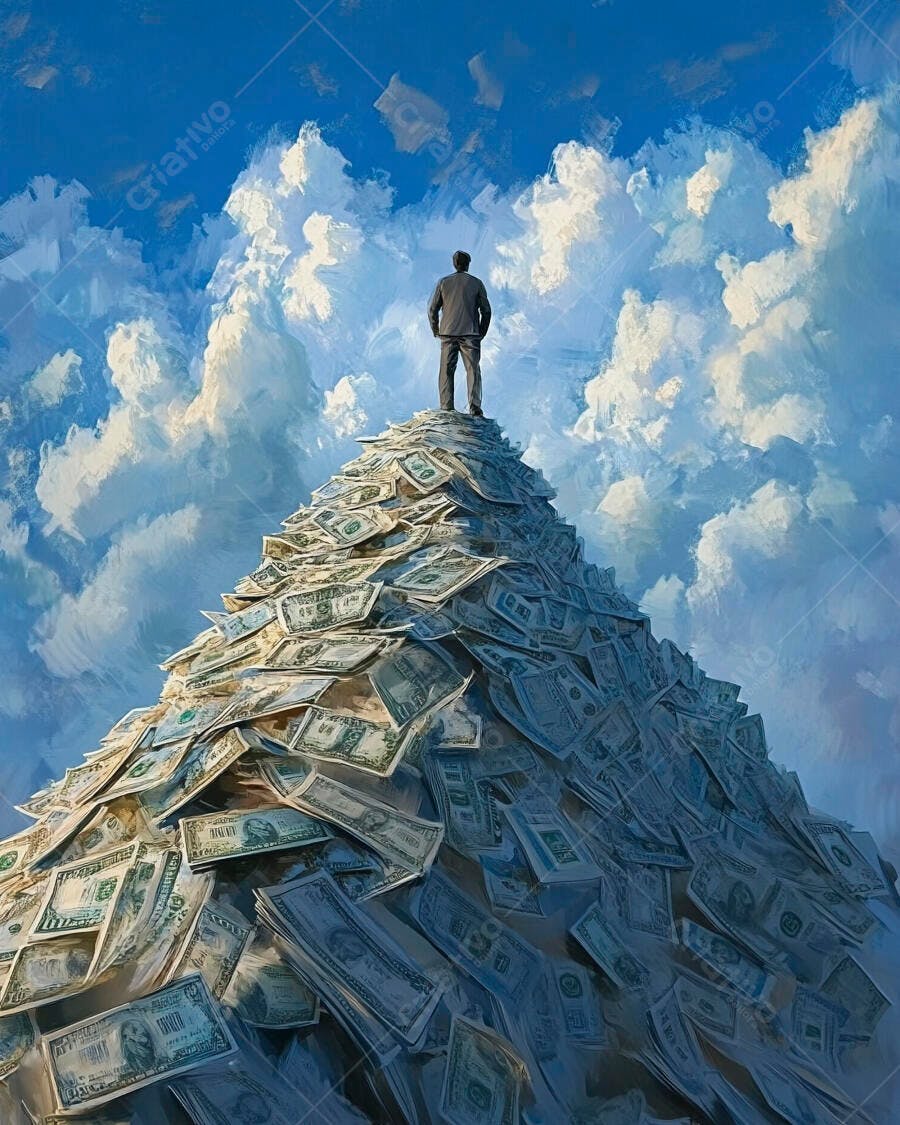 Homem no Topo Montanha de Dinheiro Sucesso Financeiro