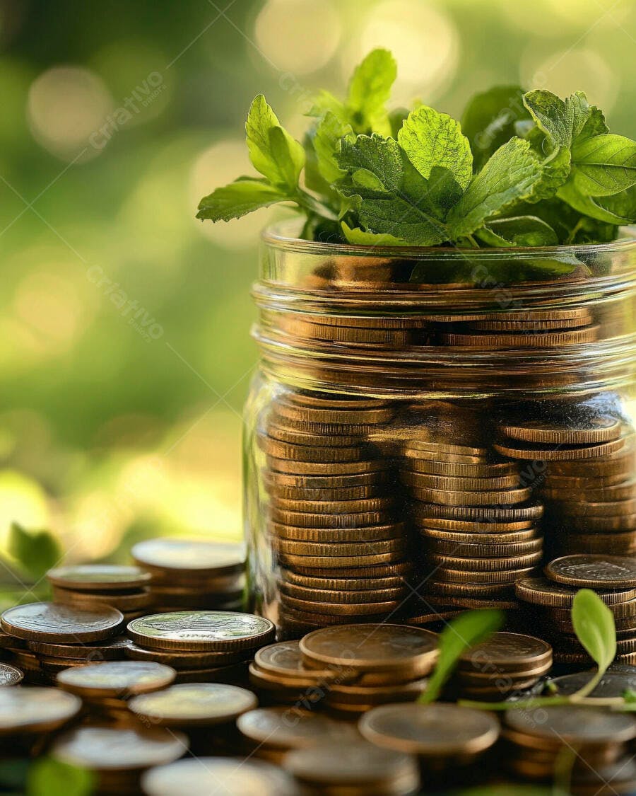 Foto Moedas e Planta Crescendo Pote de Vidro Economia Verde